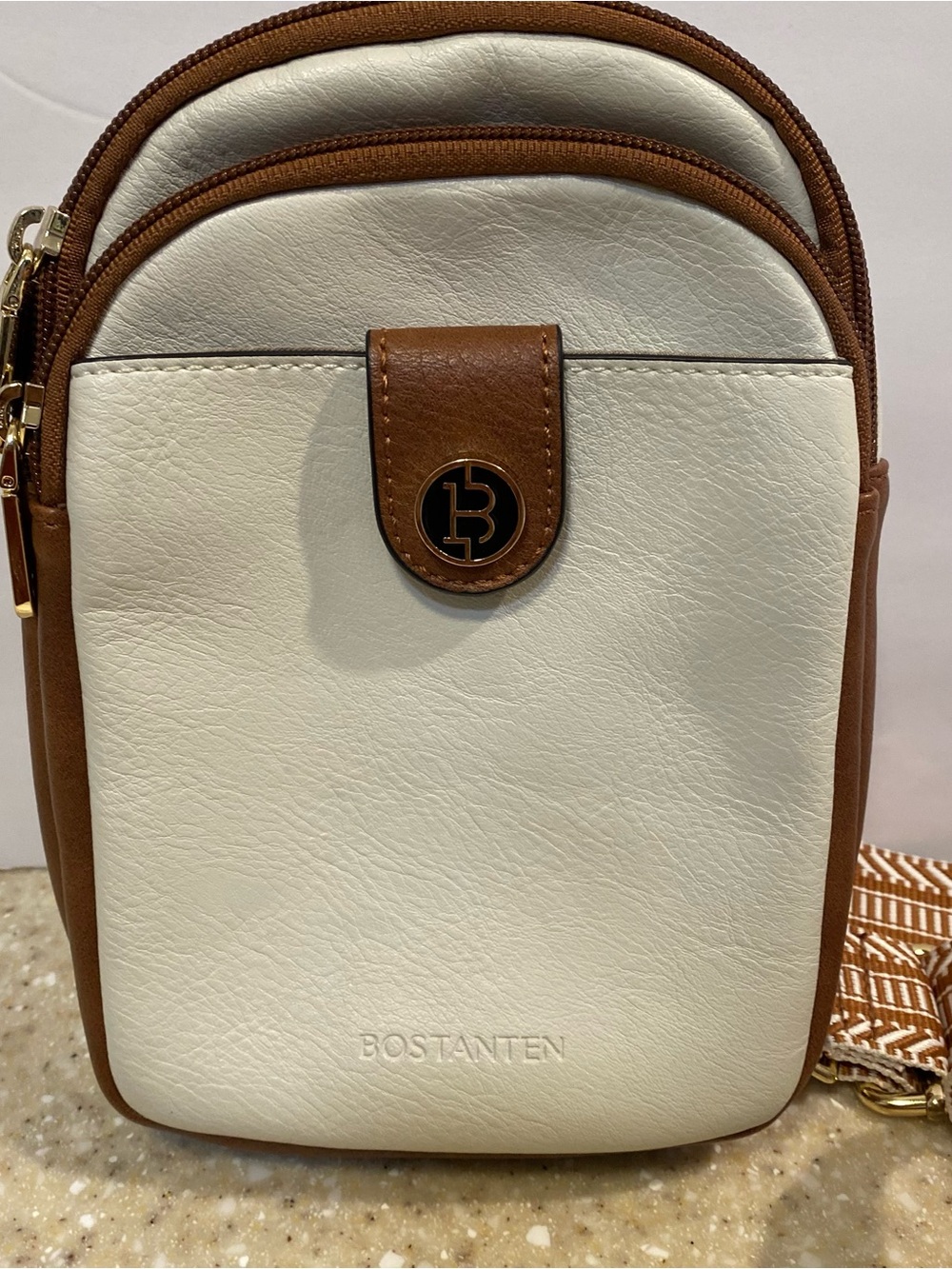 BOSTANTEN Cream and Brown Crossbody Bag